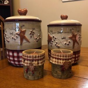 Two jars for sugar or flower and two candle holders